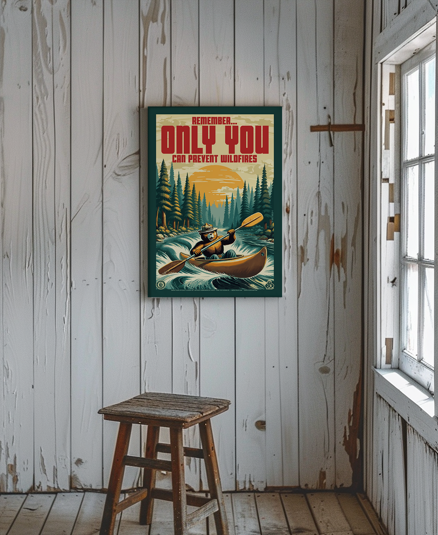 Retro Paddling Kayak Smokey - Remember, Only You Can Prevent Wildfires Educational Poster | 12" x 18" Vintage WPA Style Art Print