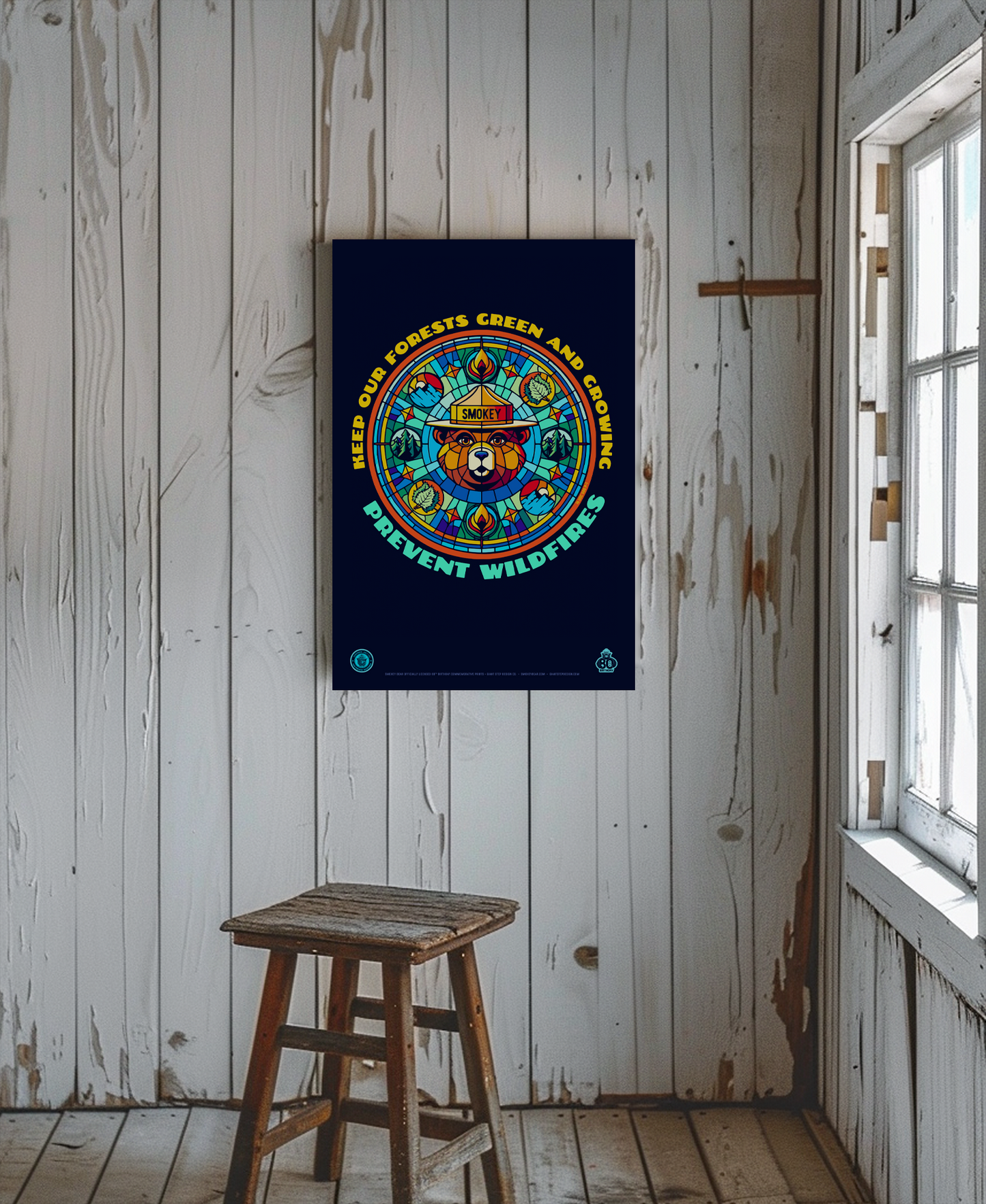 Stained Glass Style Keep Our Forest Green & Growing Smokey Bear Poster | 12" x 18" WPA Style Retro Art Print