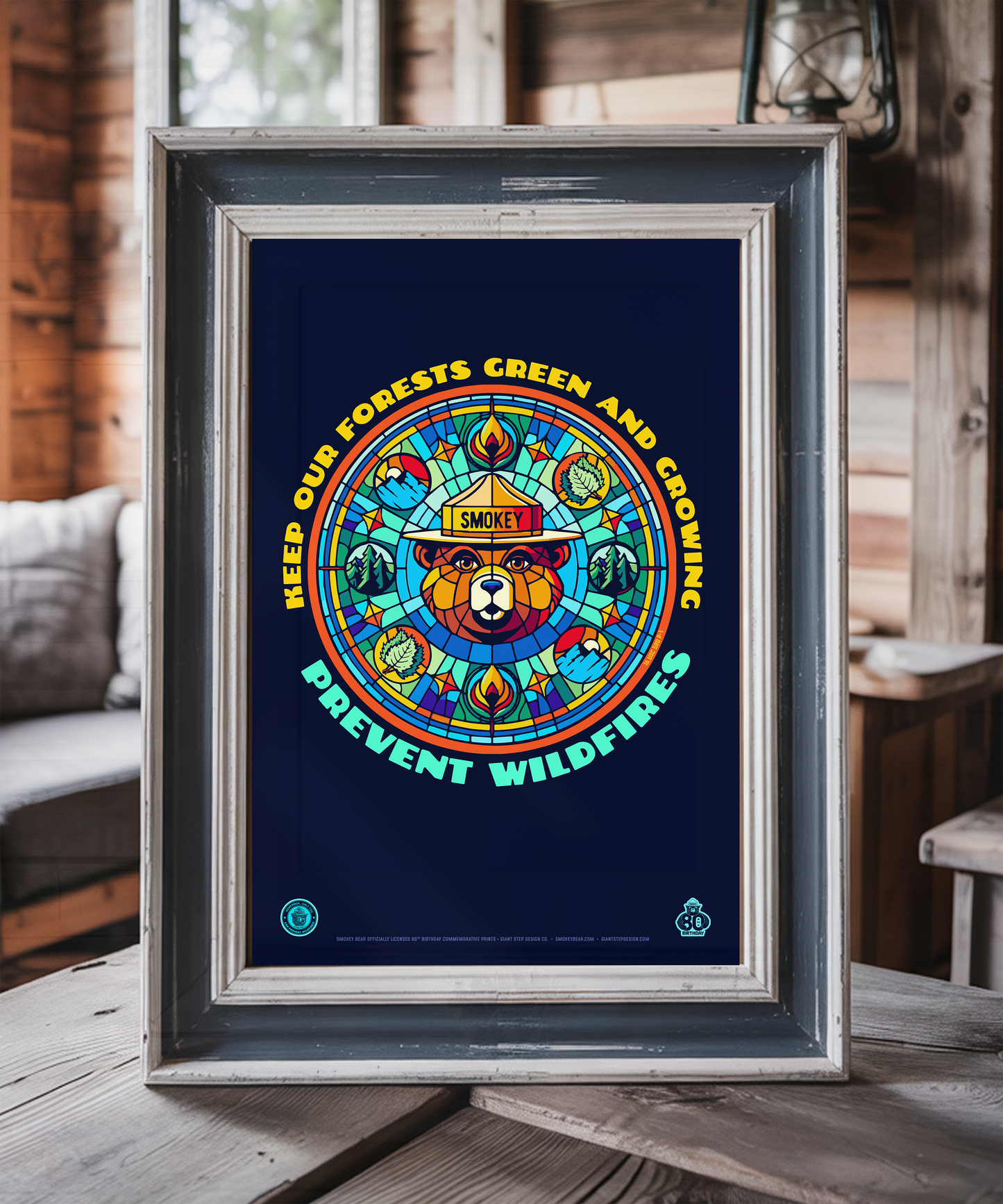 Stained Glass Style Keep Our Forest Green & Growing Smokey Bear Poster | 12" x 18" WPA Style Retro Art Print