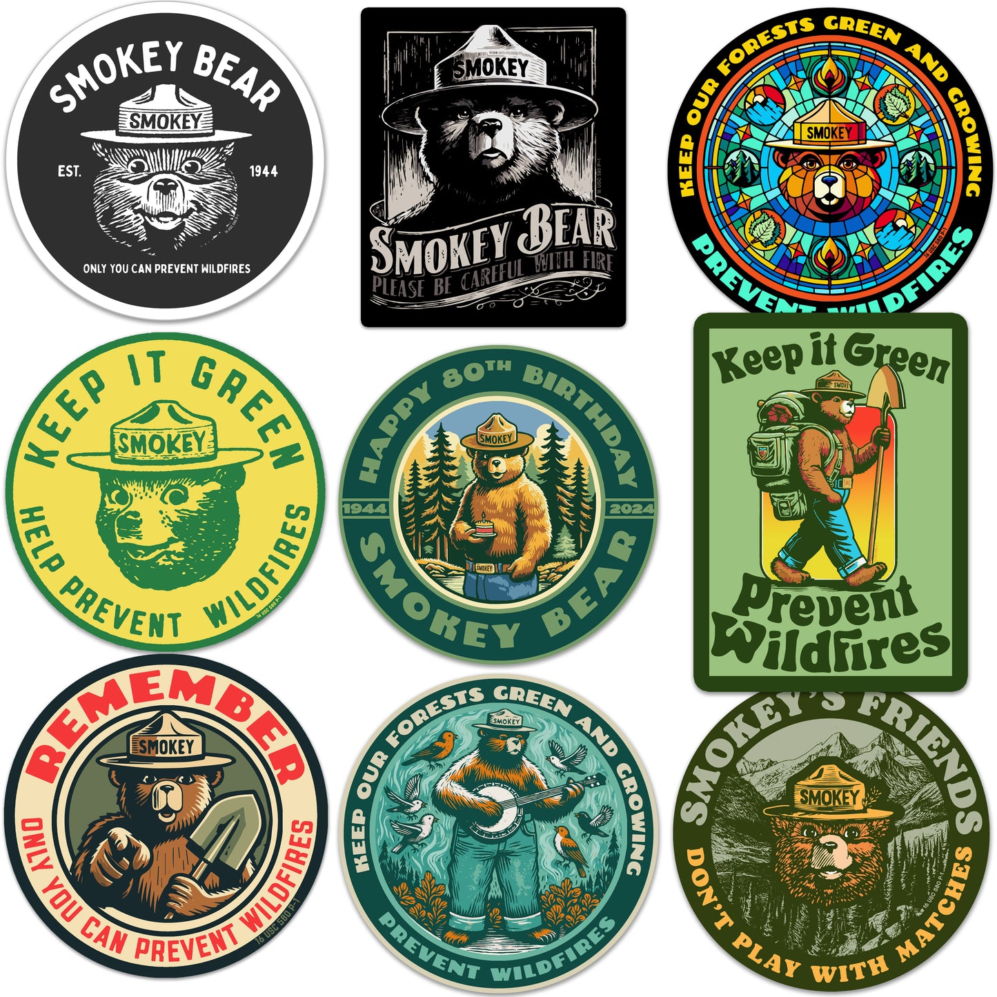 OFFICIALLY LICENSED Smokey Bear MEGA-PACK Vintage Classic Indoor/Outdoor Stickers - All 9 Premium Stickers