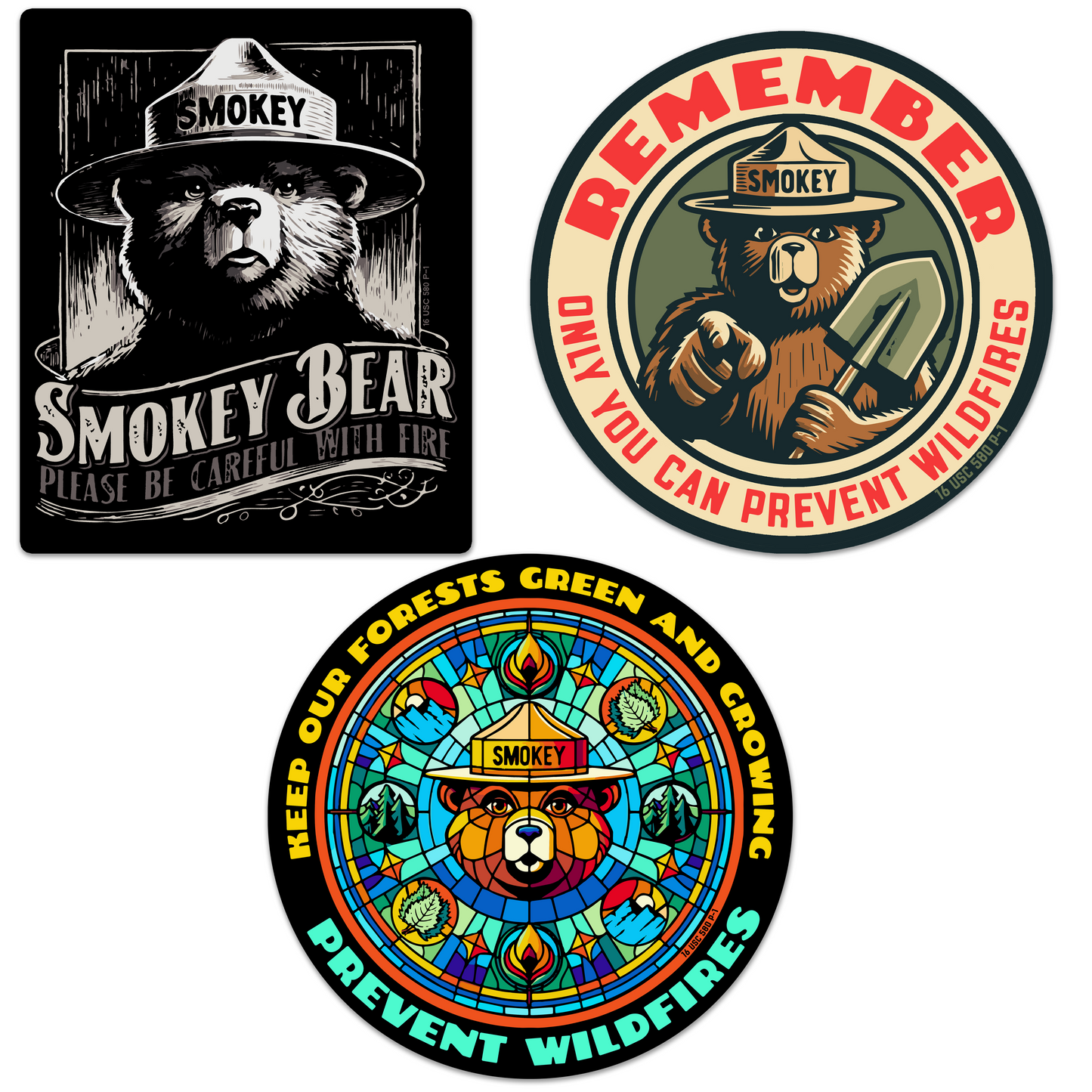 OFFICIALLY LICENSED Smokey Bear Vintage Indoor/Outdoor Classic Sticker Pack (Set #3)