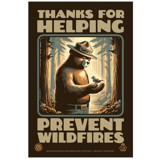 Smokey Bear & Bird Woodland Friends Thanks for Helping Prevent Wildfires Poster | 12" x 18" WPA Style Retro Art Print