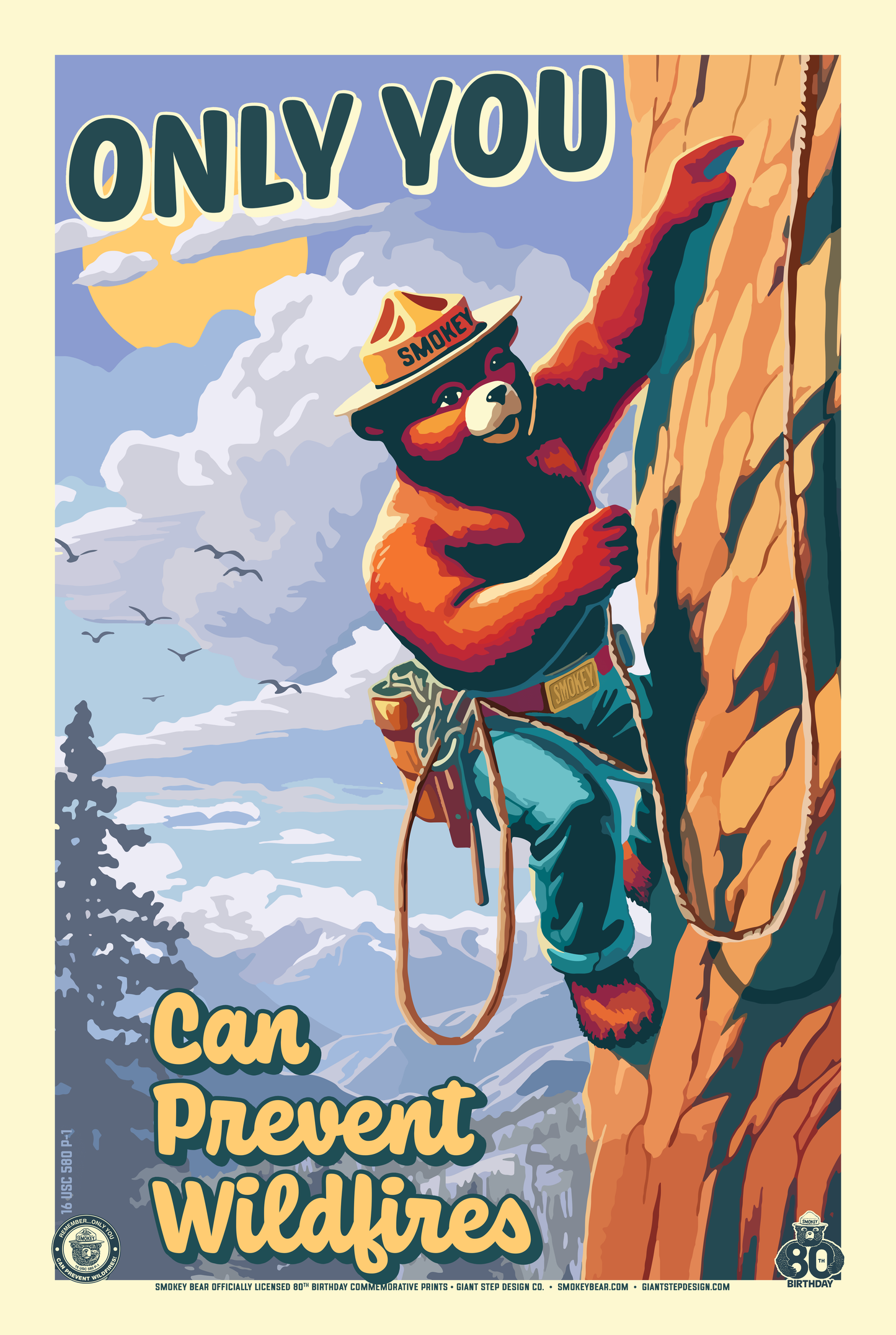 Only You Can Prevent Wildfires Rock Climbing Smokey Bear Commemorative Poster | 12" x 18" Vintage WPA Style Art Print