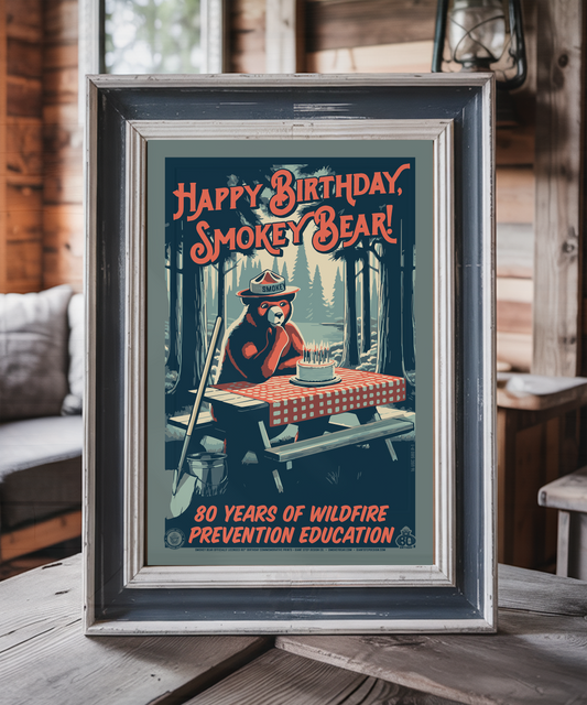 Happy Birthday, Smokey! 80 Years of Wildfire Prevention | Pensive Campsite Smokey Commemorative Poster | 12" x 18" Vintage WPA Style Art Print
