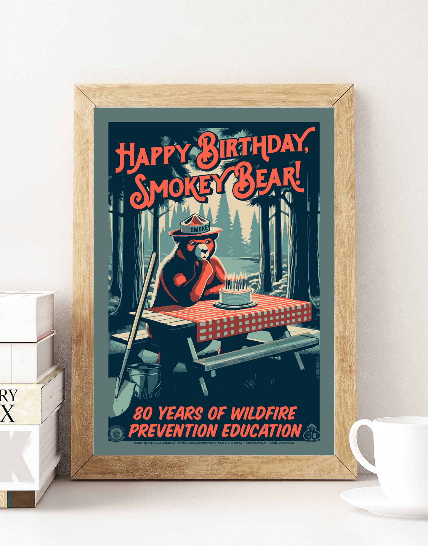 Happy Birthday, Smokey! 80 Years of Wildfire Prevention | Pensive Campsite Smokey Commemorative Poster | 12" x 18" Vintage WPA Style Art Print