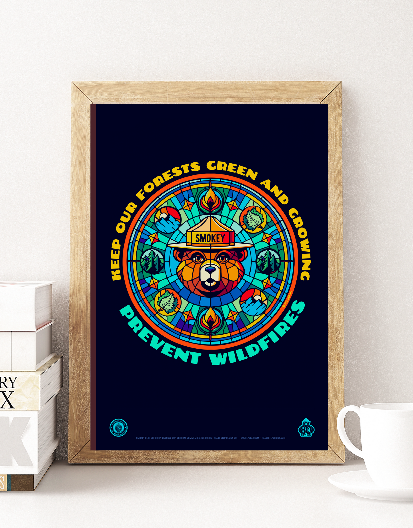 Stained Glass Style Keep Our Forest Green & Growing Smokey Bear Poster | 12" x 18" WPA Style Retro Art Print