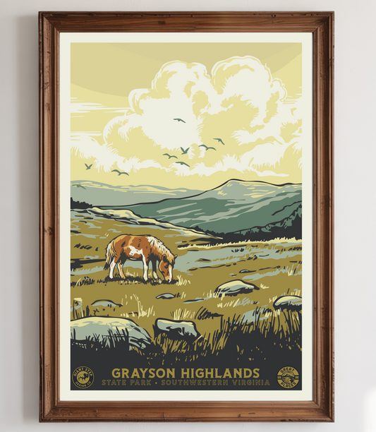 Grayson Highlands State Park Ponies -  National Park Style Art Print | Vintage WPA Style Retro Virginia Mount Rogers Travel Poster 12"x18"