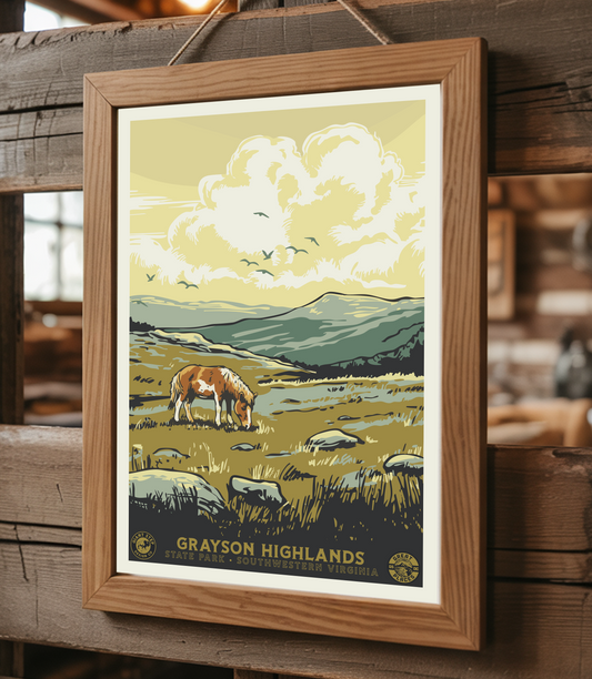 Grayson Highlands State Park Ponies -  National Park Style Art Print | Vintage WPA Style Retro Virginia Mount Rogers Travel Poster 12"x18"