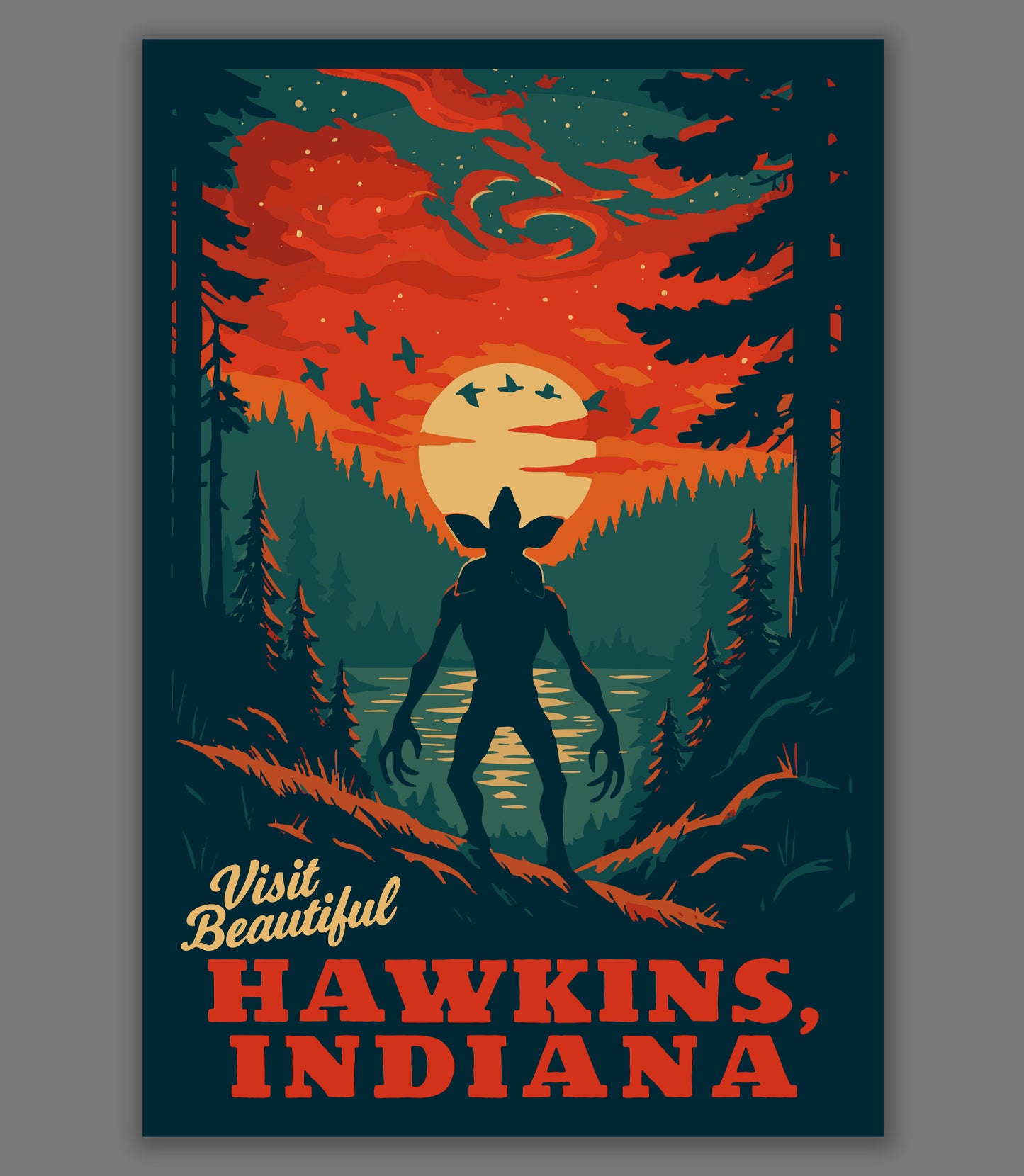 Hawkins , Indiana | National Park-Style Vintage WPA Travel Art  | Stranger Things Fan Art Satire | 12" x 18" Print