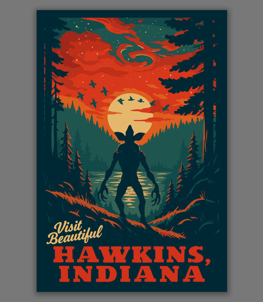 Hawkins , Indiana | National Park-Style Vintage WPA Travel Art  | Stranger Things Fan Art Satire | 12" x 18" Print