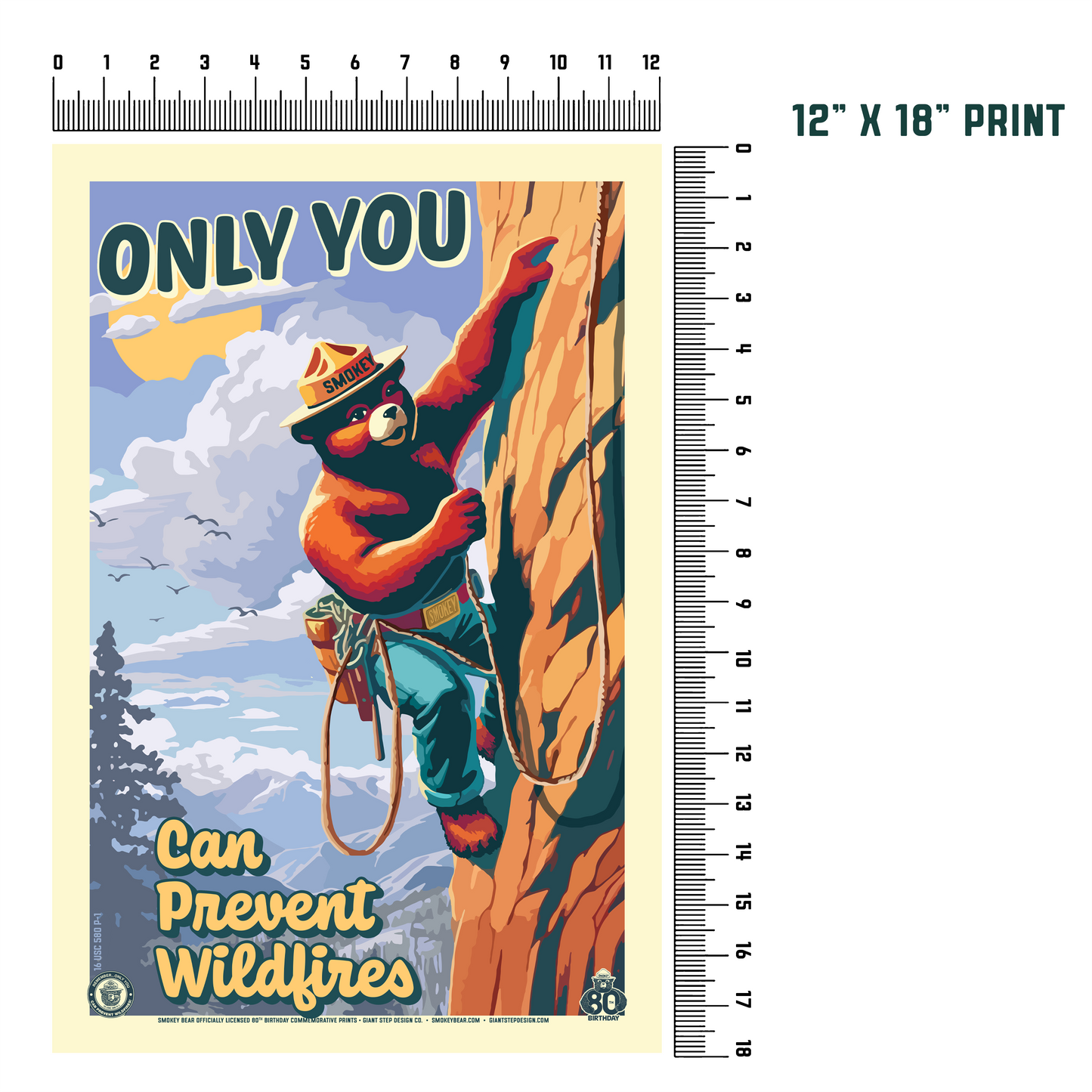 Only You Can Prevent Wildfires Rock Climbing Smokey Bear Commemorative Poster | 12" x 18" Vintage WPA Style Art Print