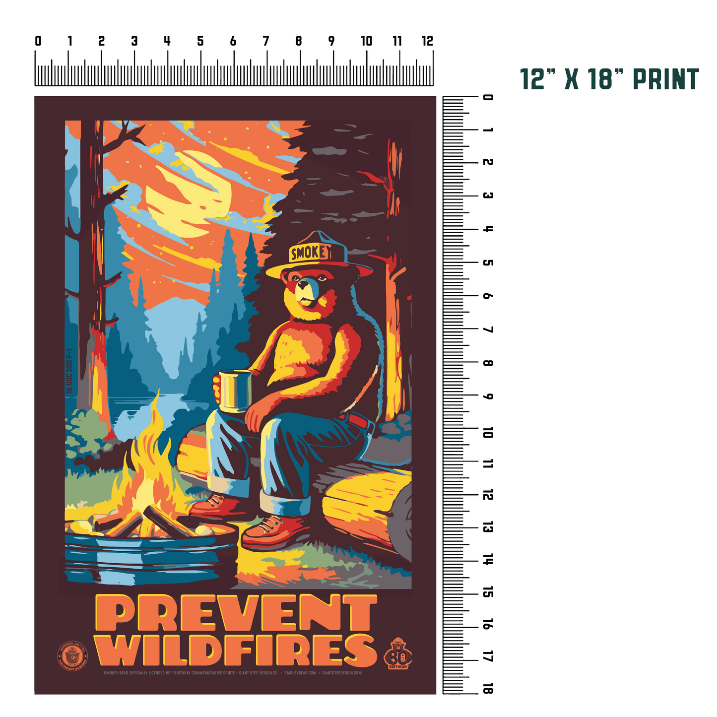 Smokey Bear by Campfire Prevent Wildfires Smokey Camping Drinking Coffee Poster | 12" x 18" WPA Style Retro Art Print