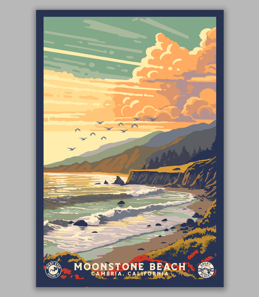 Moonstone Beach Cambria, California | WPA Travel Art Poster Print | 12" x 18" Print