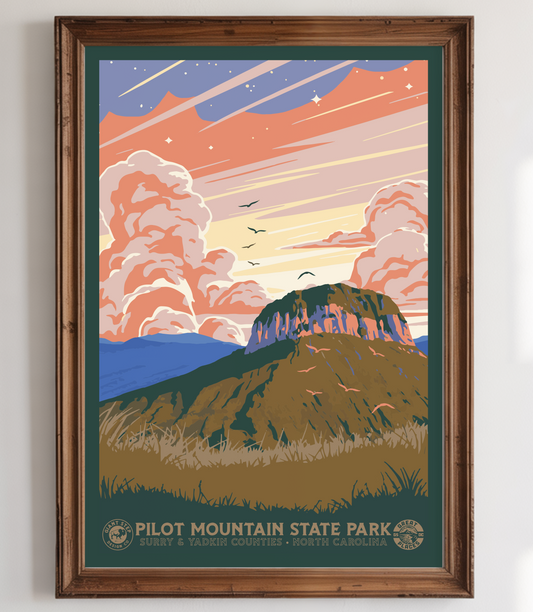 Pilot Mountain State Park - National Park Style Art Print | Vintage WPA Style Retro North Carolina Travel Poster 12"x18"
