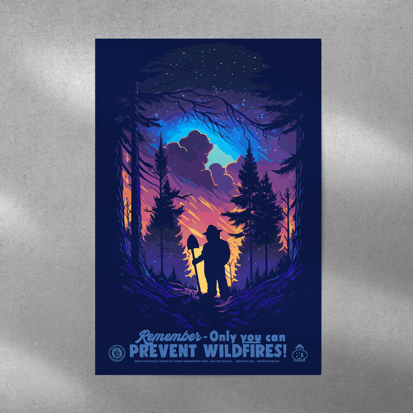 Smokey Bear Nighttime Silhouette Only Can Can Prevent Wildfires Poster | 12" x 18" WPA Style Retro Art Print