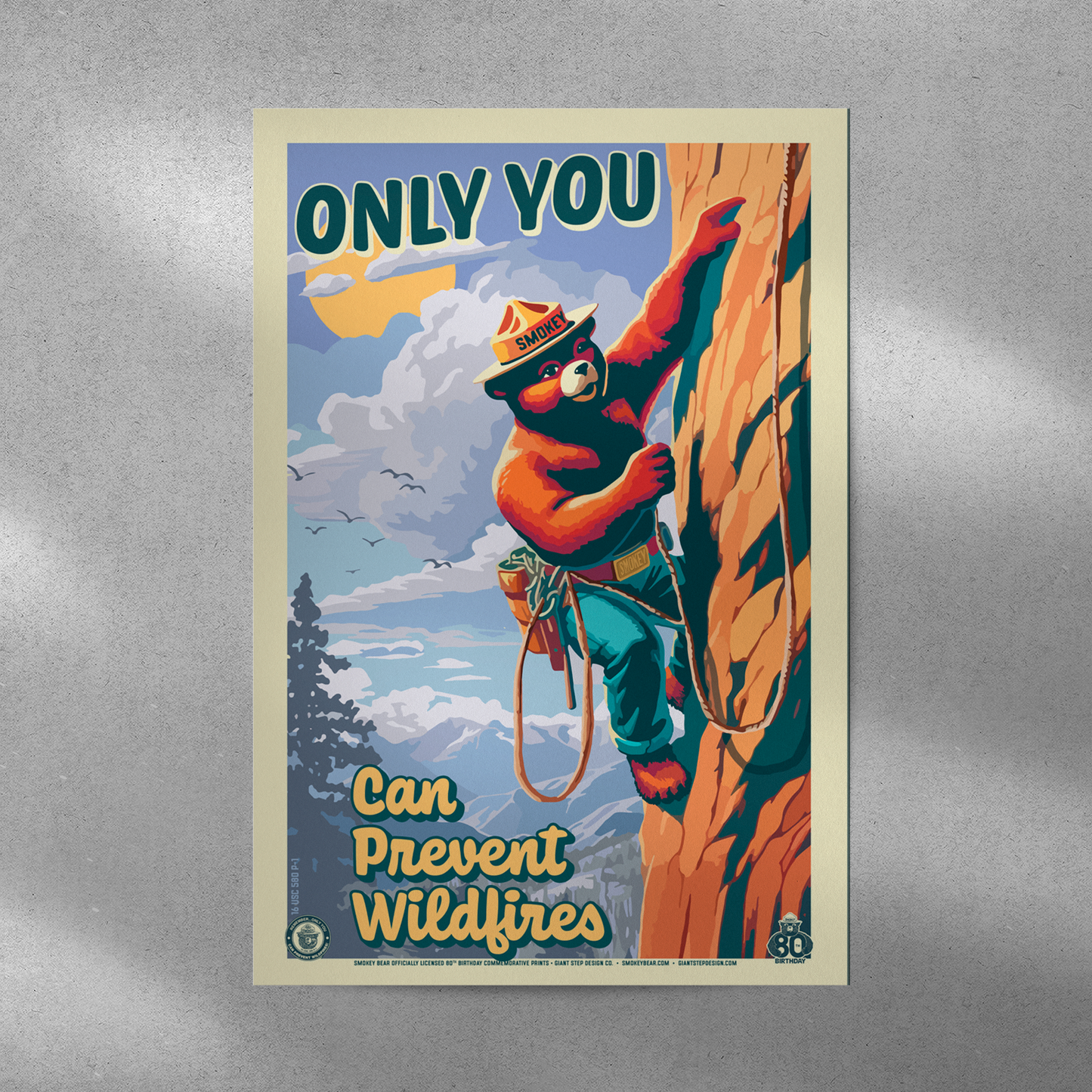 Only You Can Prevent Wildfires Rock Climbing Smokey Bear Commemorative Poster | 12" x 18" Vintage WPA Style Art Print
