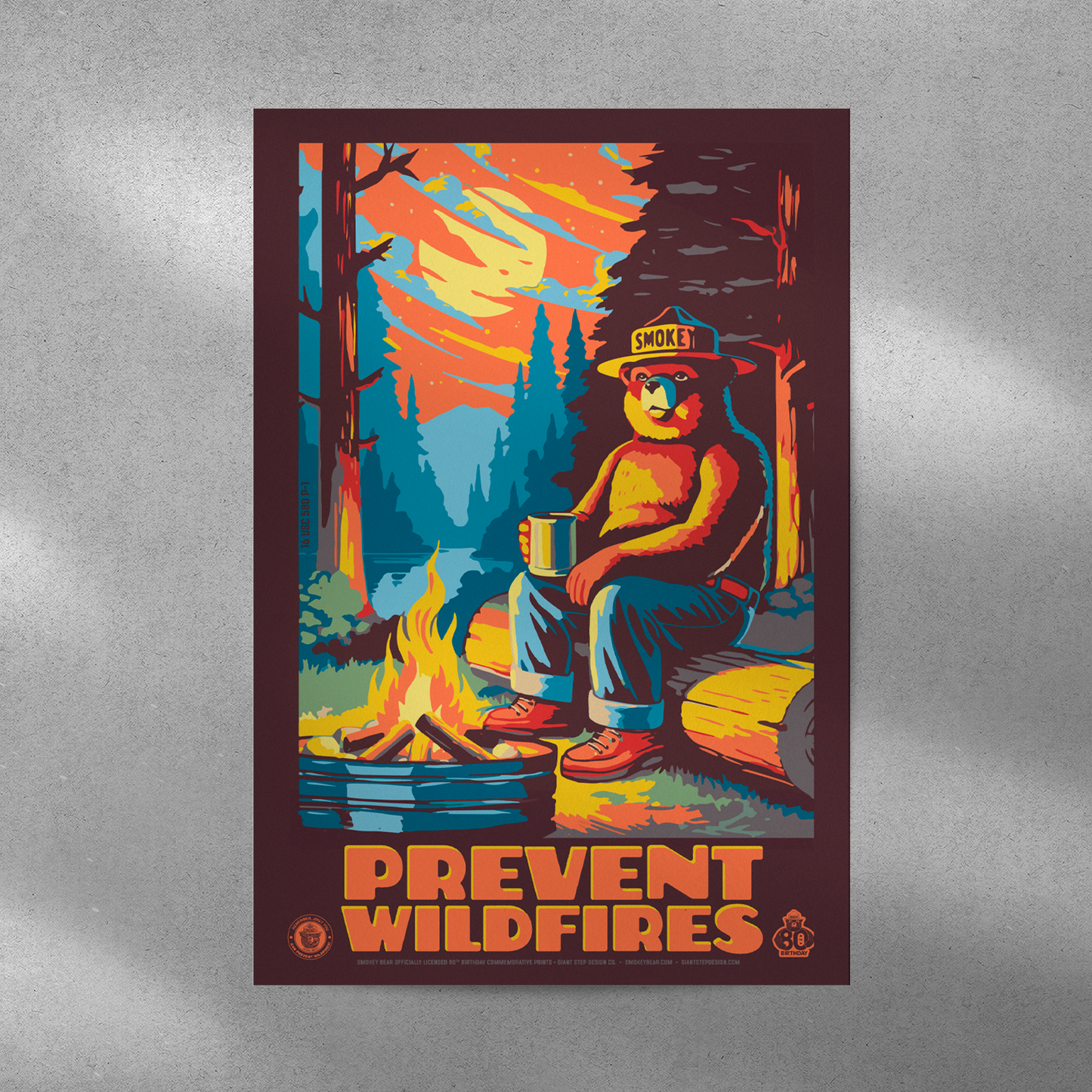 Smokey Bear by Campfire Prevent Wildfires Smokey Camping Drinking Coffee Poster | 12" x 18" WPA Style Retro Art Print