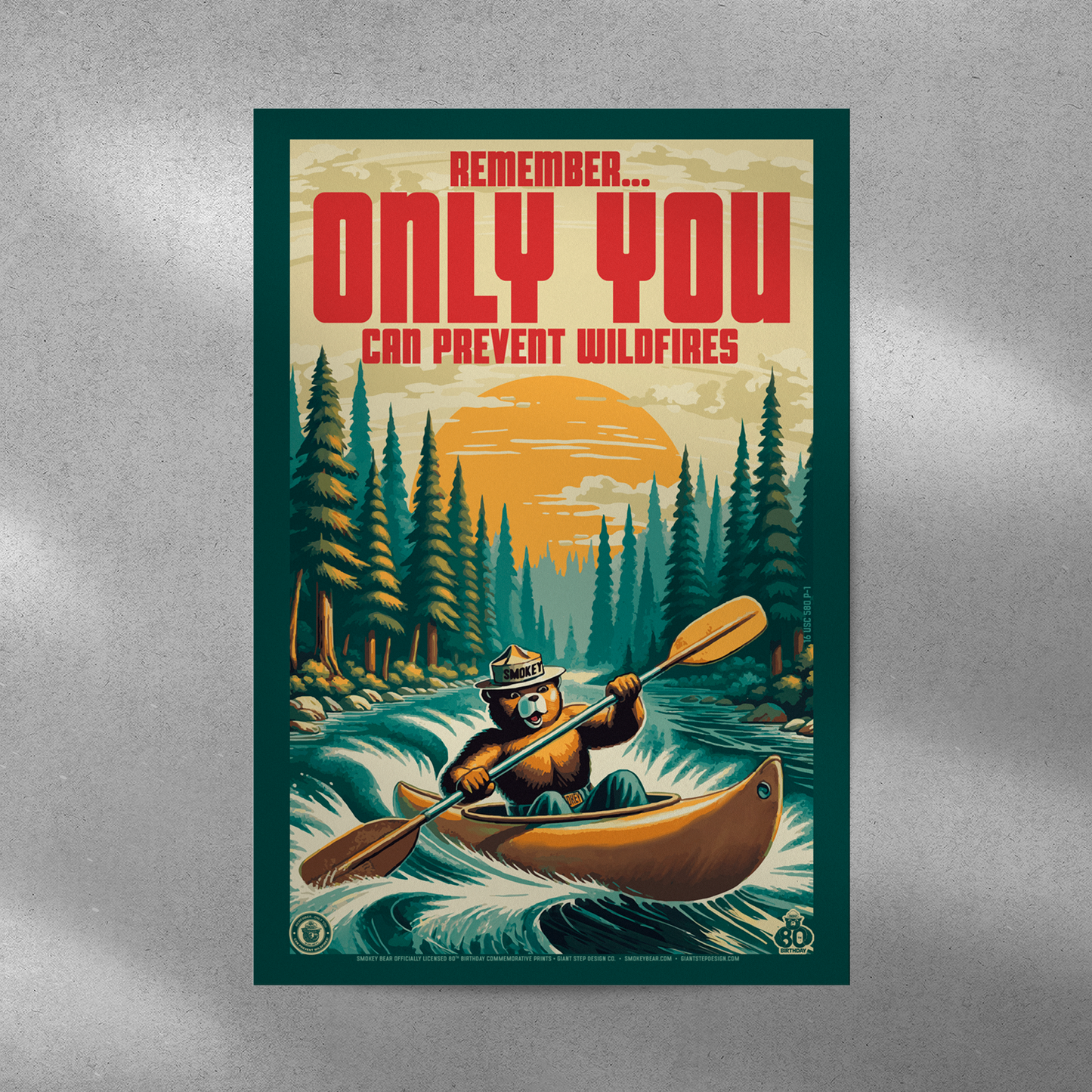Retro Paddling Kayak Smokey - Remember, Only You Can Prevent Wildfires Educational Poster | 12" x 18" Vintage WPA Style Art Print