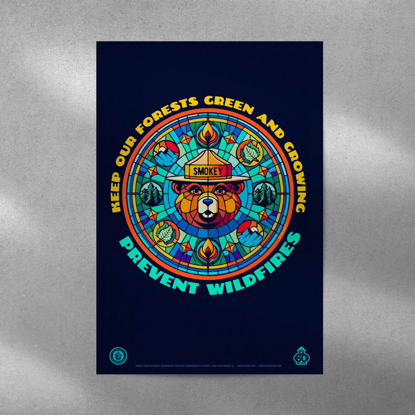 Stained Glass Style Keep Our Forest Green & Growing Smokey Bear Poster | 12" x 18" WPA Style Retro Art Print