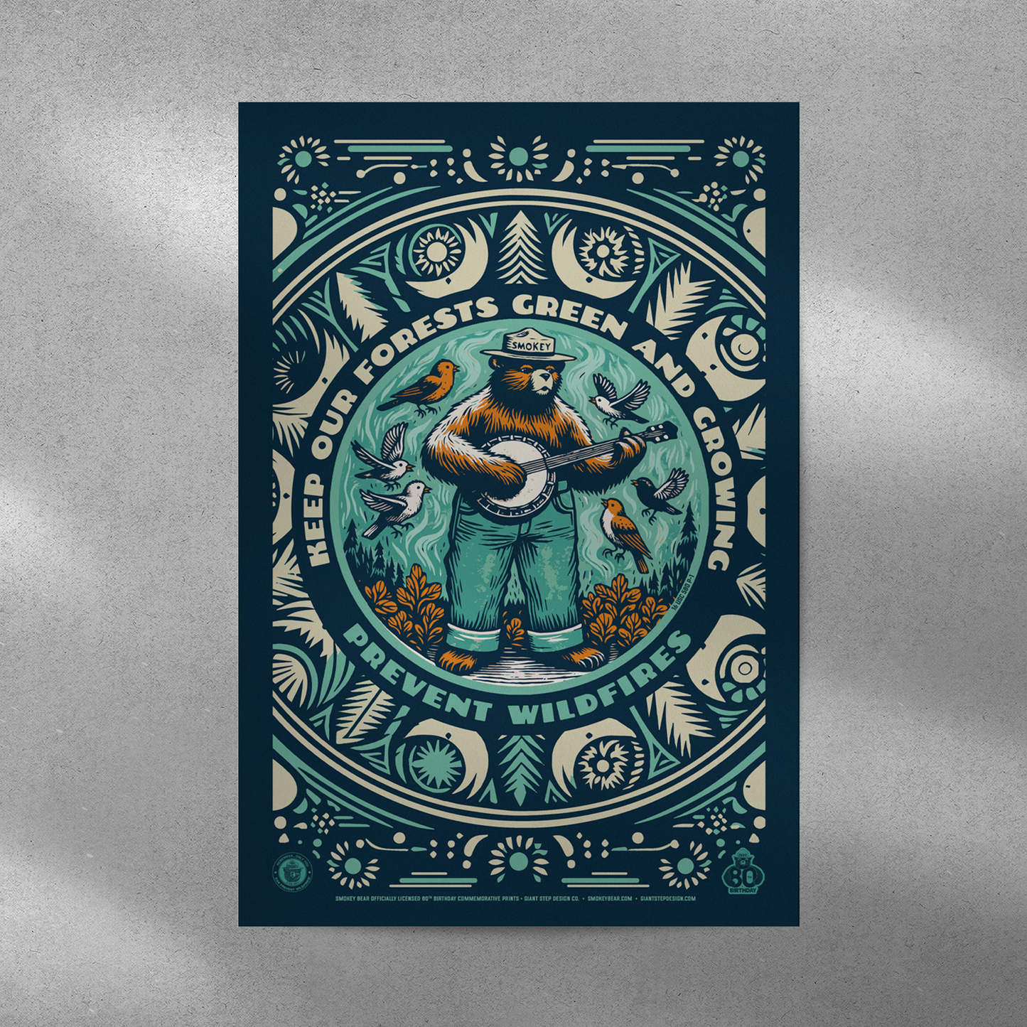 Banjo Smokey Bear | Keep Our Forests Green & Growing Smokey Bear Commemorative Poster | 12" x 18" Vintage WPA Style Art Print