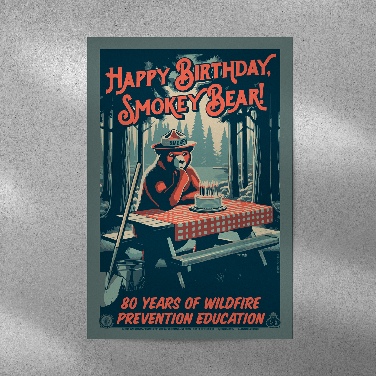 Happy Birthday, Smokey! 80 Years of Wildfire Prevention | Pensive Campsite Smokey Commemorative Poster | 12" x 18" Vintage WPA Style Art Print