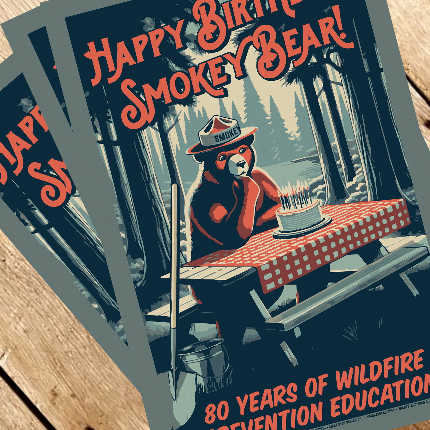 Happy Birthday, Smokey! 80 Years of Wildfire Prevention | Pensive Campsite Smokey Commemorative Poster | 12" x 18" Vintage WPA Style Art Print