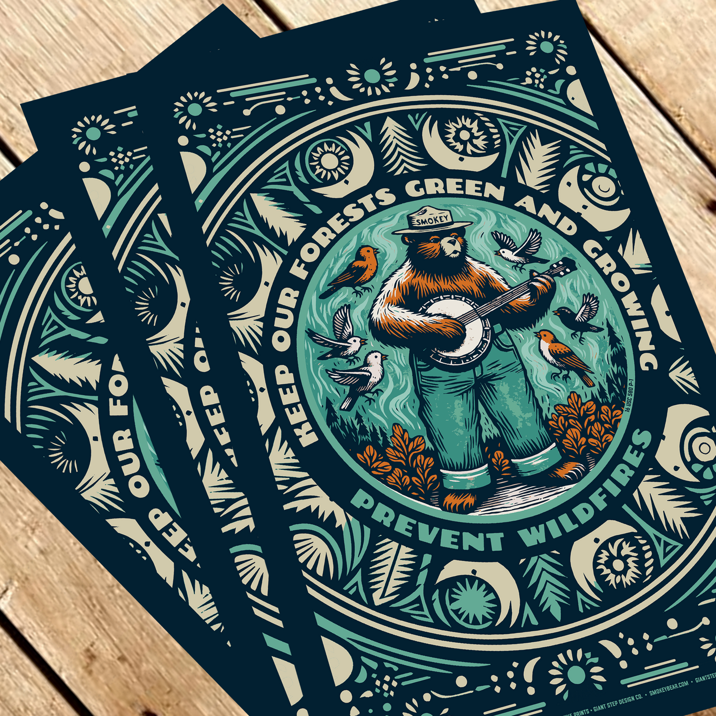 Banjo Smokey Bear | Keep Our Forests Green & Growing Smokey Bear Commemorative Poster | 12" x 18" Vintage WPA Style Art Print