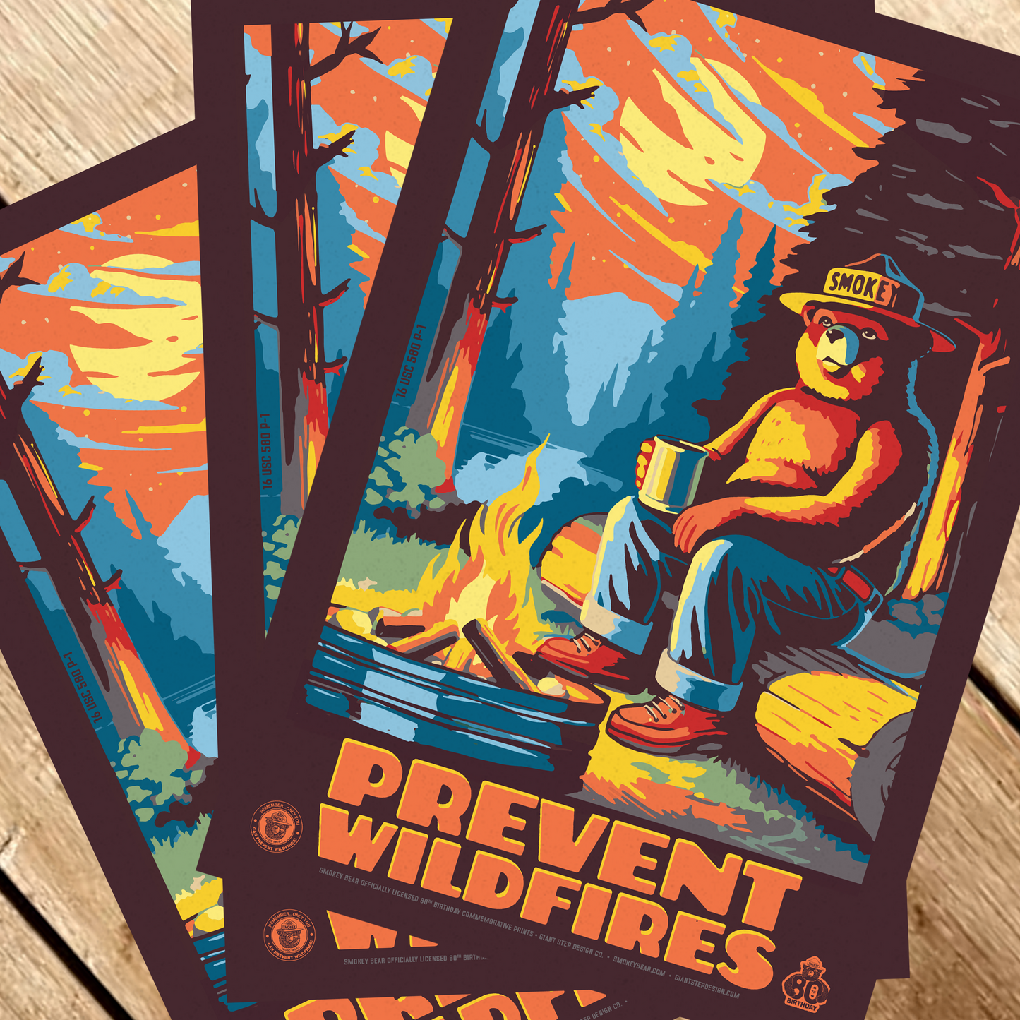 Smokey Bear by Campfire Prevent Wildfires Smokey Camping Drinking Coffee Poster | 12" x 18" WPA Style Retro Art Print