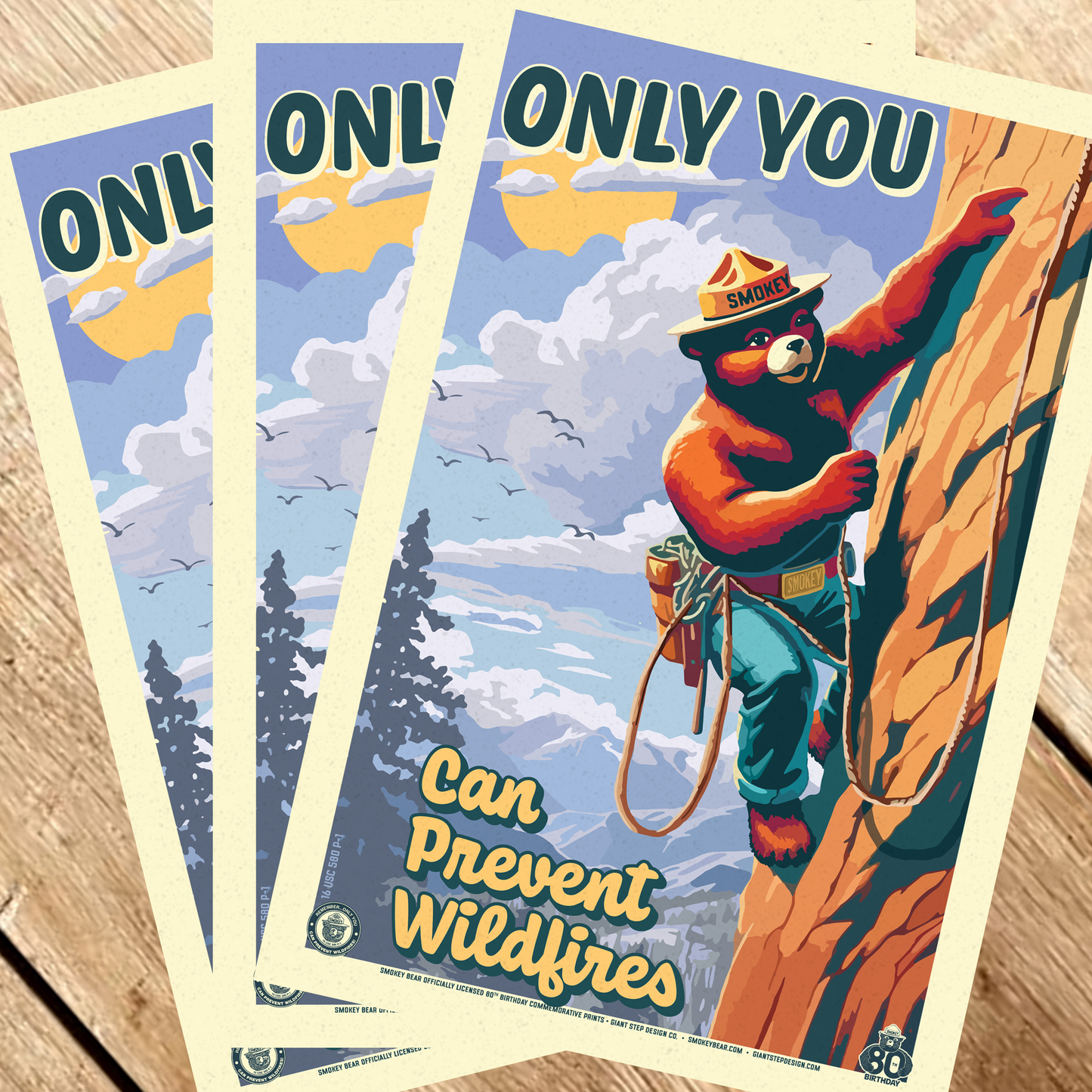 Only You Can Prevent Wildfires Rock Climbing Smokey Bear Commemorative Poster | 12" x 18" Vintage WPA Style Art Print