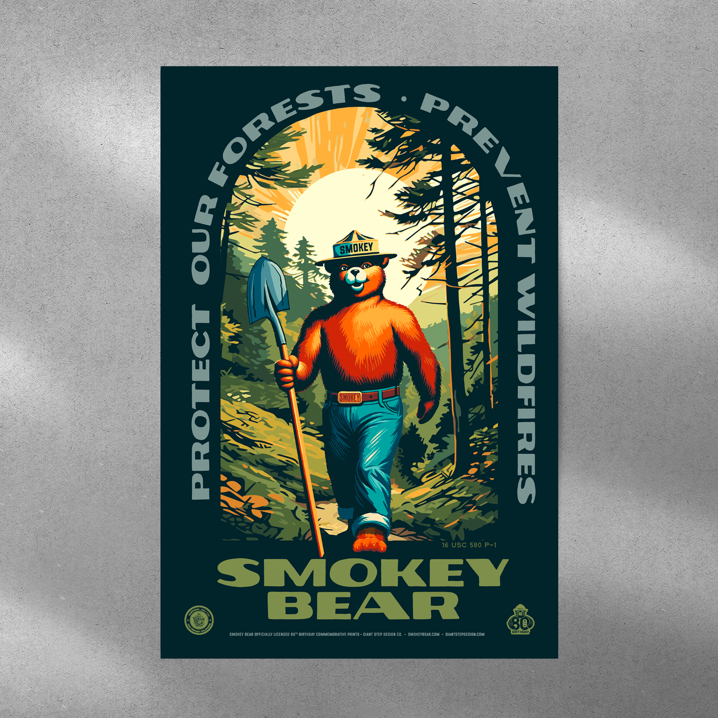 Smokey Bear Hiking Protect Our Forests Thanks for Helping Prevent Wildfires Poster | 12" x 18" WPA Style Retro Art Print