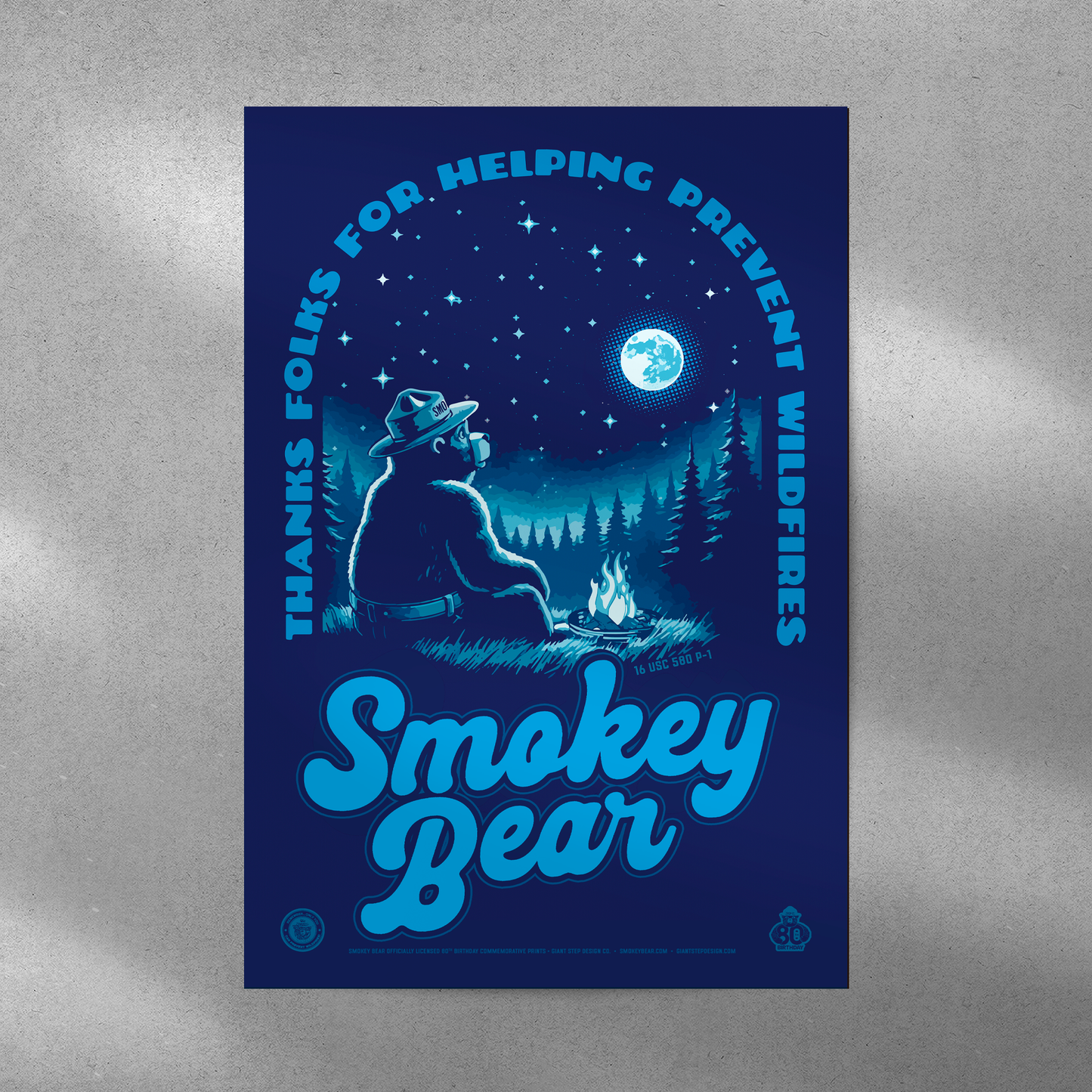 Smokey Bear Stargazing Campfire Thanks for Helping Prevent Wildfires Poster | 12" x 18" WPA Style Retro Art Print