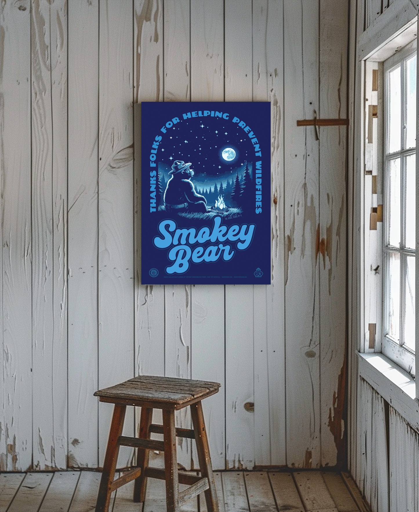 Smokey Bear Stargazing Campfire Thanks for Helping Prevent Wildfires Poster | 12" x 18" WPA Style Retro Art Print